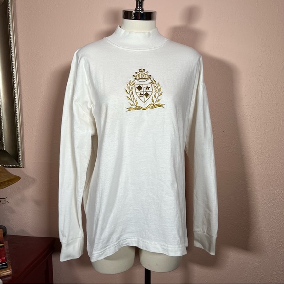 Vintage 1980 Icing Oversized Cream Gold Crown Embellished mock neck sweater - Picture 3 of 17